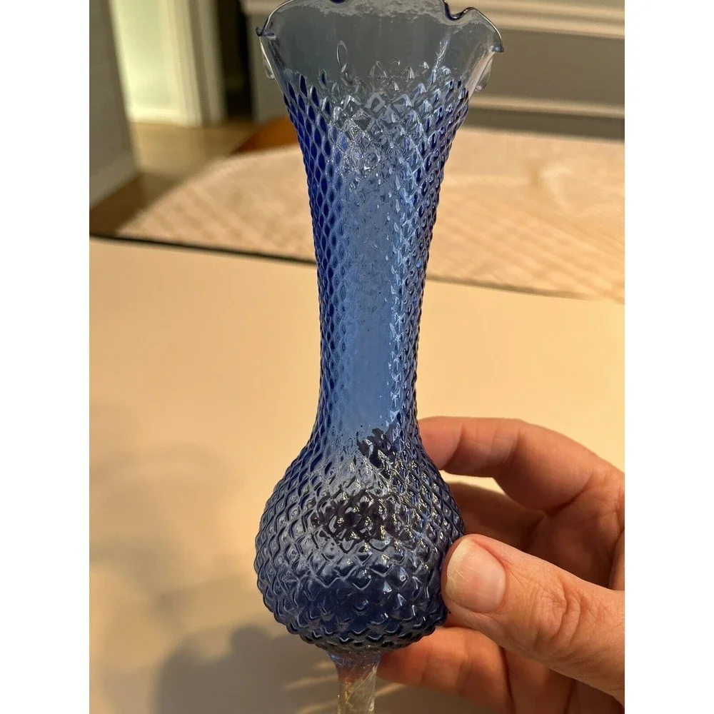 Blue Glass Diamond Cut, Ruffled Rim, Clear Footed Bud Vase Delicate